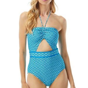 MICHAEL KORS One Piece Swimsuit SIZE 4 Blue Geo Print Halter Cutout Bandeau NWOT